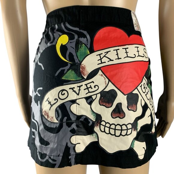 Ed Hardy Skull Poplin Mini Skirt Women’s Sz XL Black Red Multi - Picture 2 of 15